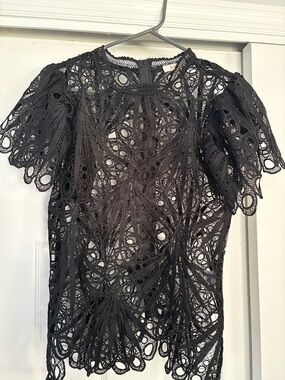 Peach Couture Black Eyelet Lace Short Sleeve Blouse